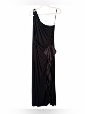 Betsy & Adam | One Shoulder Maxi Dress Gown Bow Ruffle Side Slit Black Size 12